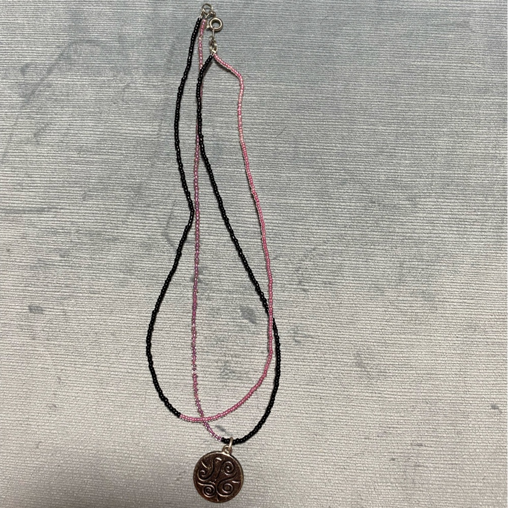 AAJ Necklace seed bead vintage necklace, Sun pendant,Double strand,black pink17”